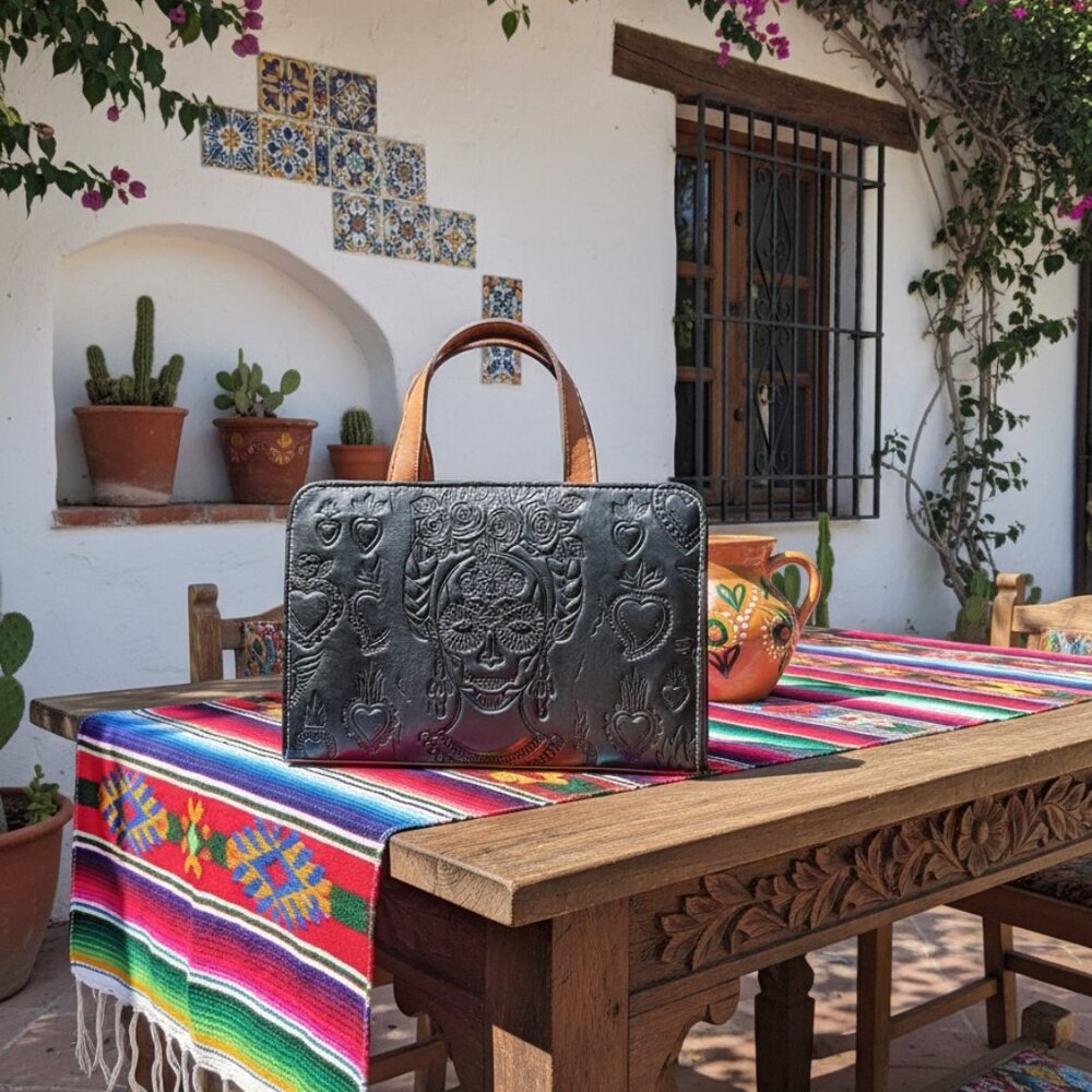 Black Embossed Leather Handbag • Mexican Artisan Style • Excellent Condition